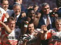 Martin Offiah celebrates with his Wigan teammates