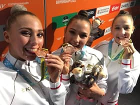Marfa Ekimova, Saffron Severn & Alice Leaper - Team England Rhythmic Gymnasts with their bronze medals at the Commonwealth Games.