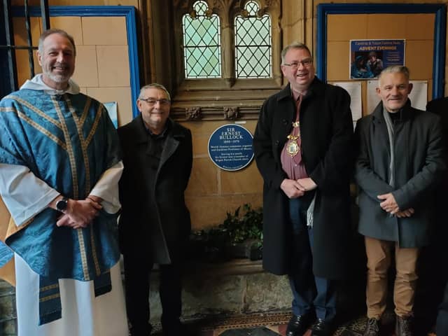 Dignitaries at the parish church unveiling of the Ernest Bullock plaque