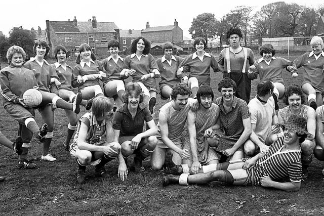 The teams line up for a charity football match between the Plough and Harrow and ladies at Shevington on Sunday 14th of May 1978. With the ladies at the back is comedian Harry Pemberton.