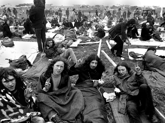 Peace man.....Music fans gather for the Bickershaw Festival in 1972.