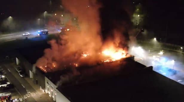 Nine fire engines along with two aerial ladder platforms attended a commercial building fire in Bluebell Way at around 1am on Friday (April 7).