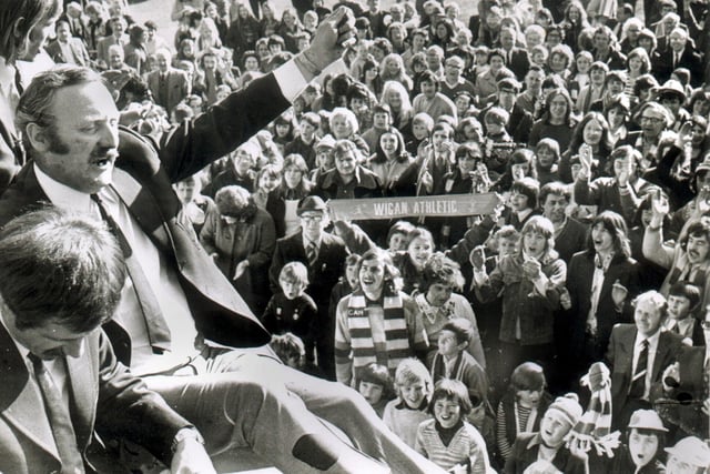 Wigan Athletic manager, Les Rigby, salutes fans at Springfield Park on Sunday 29th of April to welcome home the team despite losing in the FA Trophy final.