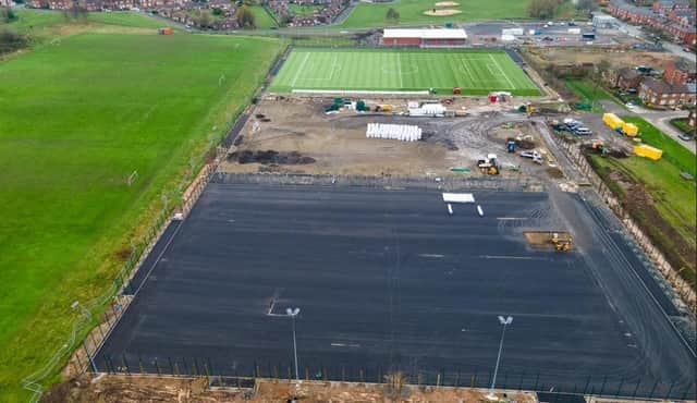 Brian King's drone camera shows there is still work to do on the Laithwaite Park football hub which was to have opened this year