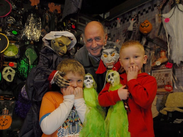 Halloween fun on Wigan market stall for Dave Clitherow with Alfie Browne and Jackson Webster