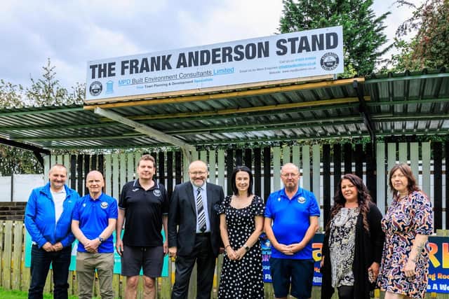 The Frank Anderson stand unveiling at Atherton Collieries AFC, pictured (l-r): Mike Davies (MPD Built Environment Consultants), Frank Anderson, Emil Anderson, Mark Harris (Northern Premier League chairman), Emma Anderson, Paul Gregory (Atherton Colls chairman), Helen Mannion and Julie Herbert from Etherstone day centre