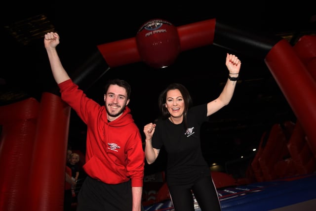 Ninja Warrior Wigan relaunch with a new Air Park.  Daniel Hampson and Jen Kelly, right.