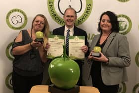 Leigh MP James Grundy at the Green Apple Awards with Spinning Gate shopping centre's cleaning team leader Sue Siddall, left, and manager Karen Cox, right