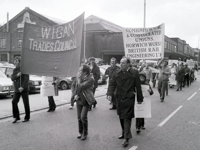 British Rail workers protest against the cuts with a walk through Wigan