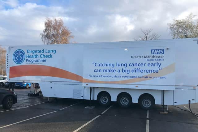 The Lung Health Check unit parked in a supermarket car park.