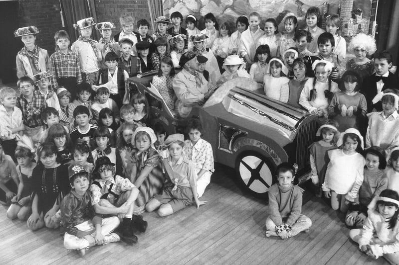The cast of "Chitty Chitty Bang Bang" staged by St. Maries RC Primary School, Standish, in 1987.