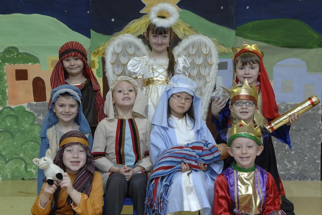 St Aidans primary school,  Billinge Nativity: Off to Bethlehem.  Pictured are Back Row LtR: Bailey, Georgia, Cameron,  Middle Row LtR: Callum, Gavin, Hanaka, Joshua,
Front Row LtR: Jake and Edward.
