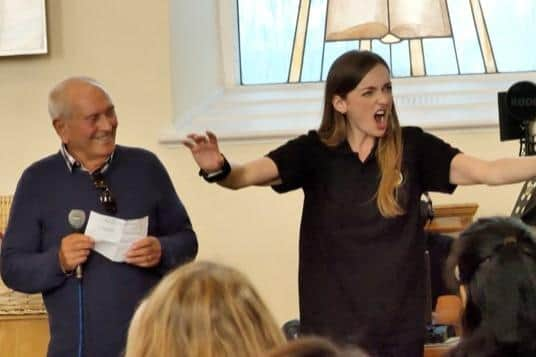 Tommy Cannon (left) with Laura Bennett, creator of Local Vocals community choir, at the recording of the charity single