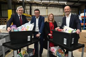 Former Prime Minister Gordon Brown at the launch of the Brick-by-Brick project in Wigan, with Greater Manchester Mayor Andy Burnham, The Brick's CEO Keely Dalfen and Amazon UK country manager John Boumphrey