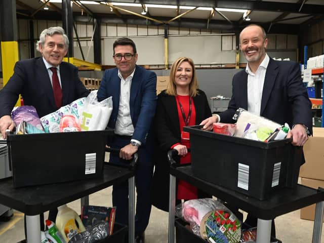 Former Prime Minister Gordon Brown at the launch of the Brick-by-Brick project in Wigan, with Greater Manchester Mayor Andy Burnham, The Brick's CEO Keely Dalfen and Amazon UK country manager John Boumphrey