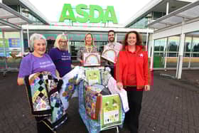 From left, Sue Ince and Barbara Kennedy from Project Linus, who make quilts and blankets, Maureen Holcroft founder of Daffodils Dreams, Asda deputy manager Joe Devlin and Asda community champion Wendy Ainscough, pictured outside ASDA supermarket, one of the drop-off points for donations.