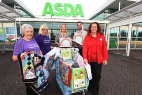 From left, Sue Ince and Barbara Kennedy from Project Linus, who make quilts and blankets, Maureen Holcroft founder of Daffodils Dreams, Asda deputy manager Joe Devlin and Asda community champion Wendy Ainscough, pictured outside ASDA supermarket, one of the drop-off points for donations.