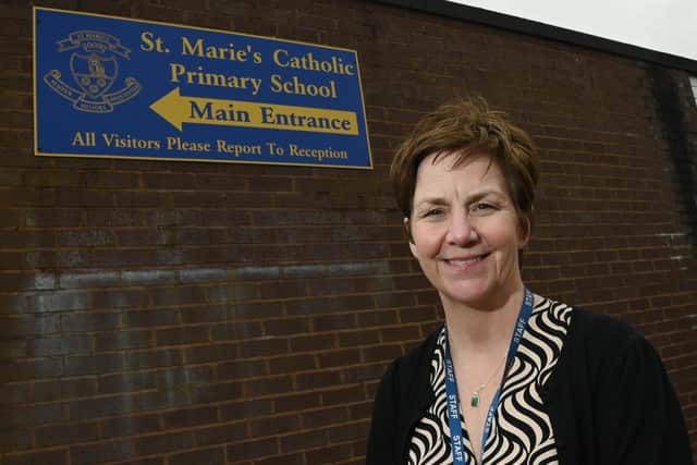 Headteacher Mel Smith celebrates the "outstanding" Ofsted report for St Marie's Catholic Primary School, Standish