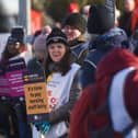 Royal College of Nursing picket line as staff strike outside a hospital.