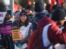 Royal College of Nursing picket line as staff strike outside a hospital.