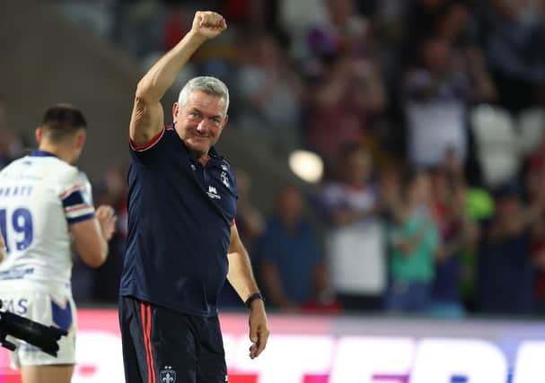 Picture by John Clifton/SWpix.com - 20/06/2025 - Rugby League - Betfred Super League Round 15 - Wakefield Trinity v Wigan Warriors - The DIY Kitchens Stadium, Wakefield, England - Wakefield Trinity's head coach Daryl Powell celebrates at the end of the match