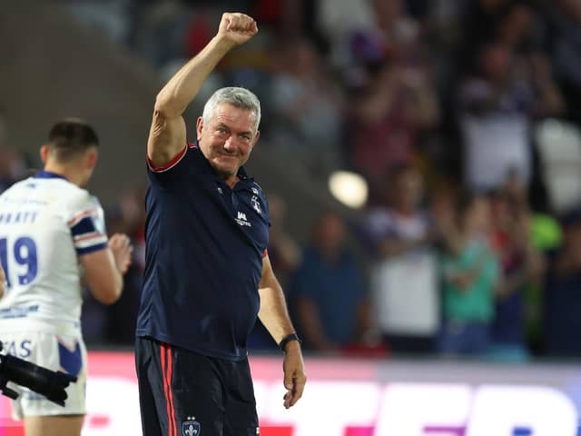 Picture by John Clifton/SWpix.com - 20/06/2025 - Rugby League - Betfred Super League Round 15 - Wakefield Trinity v Wigan Warriors - The DIY Kitchens Stadium, Wakefield, England - Wakefield Trinity's head coach Daryl Powell celebrates at the end of the match