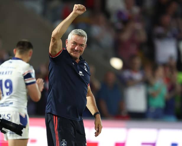 Picture by John Clifton/SWpix.com - 20/06/2025 - Rugby League - Betfred Super League Round 15 - Wakefield Trinity v Wigan Warriors - The DIY Kitchens Stadium, Wakefield, England - Wakefield Trinity's head coach Daryl Powell celebrates at the end of the match