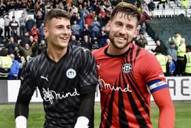 Sam Tickle is congratulated by fellow Latics Academy product Callum Lang after Saturday's victory at Derby