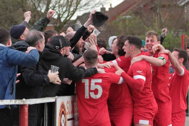 Scenes of jubilation followed Ashton Town's last-gasp winning goal against Atherton LR (Pic: Dawn Marshall)