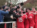Scenes of jubilation followed Ashton Town's last-gasp winning goal against Atherton LR (Pic: Dawn Marshall)
