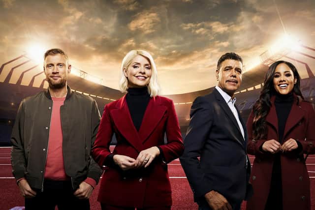 From Initial productions
THE GAMES
Starts Monday 9th May 2022 on ITV
Pictured: Freddie Flintoff, Holly Willoughby, Chris Kamara and Alex Scott
Hosted live by Holly Willoughby and Freddie Flintoff, The Games will also see former professional footballer and presenter as trackside reporter and former professional football player and presenter Chris Kamara as commentator.
Photographer Nicky Johnston
For further information please contact Peter Gray
Mob 07831460662 / peter.gray@itv.com
This photograph is (C) ITV and can only be reproduced for editorial purposes directly in connection with the programme PAUL O'GRADY FOR THE LOVE OF DOGS or ITV. Once made available by the ITV Picture Desk, this photograph can be reproduced once only up until the Transmission date and no reproduction fee will be charged. Any subsequent usage may incur a fee. This photograph must not be syndicated to any other publication or website, or permanently archived, without the express written permission of ITV Picture Desk. Full Terms and conditions are available on the website www.itvpictures.com