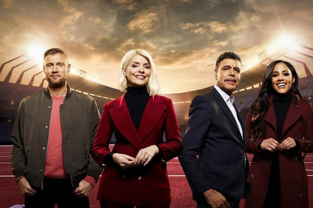 From Initial productions 

THE GAMES 
Starts Monday 9th May 2022 on ITV 

Pictured:  Freddie Flintoff, Holly Willoughby, Chris Kamara  and Alex Scott

Hosted live by Holly Willoughby and Freddie Flintoff, The Games will also see former professional footballer and presenter  as trackside reporter and former professional football player and presenter Chris Kamara as commentator. 

Photographer Nicky Johnston 

For further information please contact Peter Gray
Mob 07831460662 /  peter.gray@itv.com

This photograph is (C) ITV and can only be reproduced for editorial purposes directly in connection with the programme PAUL O'GRADY FOR THE LOVE OF DOGS or ITV. Once made available by the ITV Picture Desk, this photograph can be reproduced once only up until the Transmission date and no reproduction fee will be charged. Any subsequent usage may incur a fee. This photograph must not be syndicated to any other publication or website, or permanently archived, without the express written permission of ITV Picture Desk. Full Terms and conditions are available on the website www.itvpictures.com  

