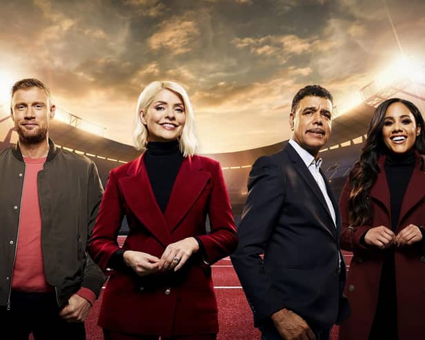 From Initial productions 

THE GAMES 
Starts Monday 9th May 2022 on ITV 

Pictured:  Freddie Flintoff, Holly Willoughby, Chris Kamara  and Alex Scott

Hosted live by Holly Willoughby and Freddie Flintoff, The Games will also see former professional footballer and presenter  as trackside reporter and former professional football player and presenter Chris Kamara as commentator. 

Photographer Nicky Johnston 

For further information please contact Peter Gray
Mob 07831460662 /  peter.gray@itv.com

This photograph is (C) ITV and can only be reproduced for editorial purposes directly in connection with the programme PAUL O'GRADY FOR THE LOVE OF DOGS or ITV. Once made available by the ITV Picture Desk, this photograph can be reproduced once only up until the Transmission date and no reproduction fee will be charged. Any subsequent usage may incur a fee. This photograph must not be syndicated to any other publication or website, or permanently archived, without the express written permission of ITV Picture Desk. Full Terms and conditions are available on the website www.itvpictures.com  

