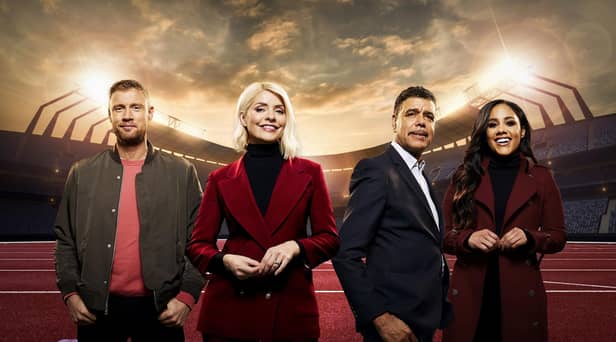 From Initial productions 

THE GAMES 
Starts Monday 9th May 2022 on ITV 

Pictured:  Freddie Flintoff, Holly Willoughby, Chris Kamara  and Alex Scott

Hosted live by Holly Willoughby and Freddie Flintoff, The Games will also see former professional footballer and presenter  as trackside reporter and former professional football player and presenter Chris Kamara as commentator. 

Photographer Nicky Johnston 

For further information please contact Peter Gray
Mob 07831460662 /  peter.gray@itv.com

This photograph is (C) ITV and can only be reproduced for editorial purposes directly in connection with the programme PAUL O'GRADY FOR THE LOVE OF DOGS or ITV. Once made available by the ITV Picture Desk, this photograph can be reproduced once only up until the Transmission date and no reproduction fee will be charged. Any subsequent usage may incur a fee. This photograph must not be syndicated to any other publication or website, or permanently archived, without the express written permission of ITV Picture Desk. Full Terms and conditions are available on the website www.itvpictures.com  

