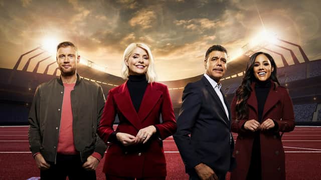 From Initial productions 

THE GAMES 
Starts Monday 9th May 2022 on ITV 

Pictured:  Freddie Flintoff, Holly Willoughby, Chris Kamara  and Alex Scott

Hosted live by Holly Willoughby and Freddie Flintoff, The Games will also see former professional footballer and presenter  as trackside reporter and former professional football player and presenter Chris Kamara as commentator. 

Photographer Nicky Johnston 

For further information please contact Peter Gray
Mob 07831460662 /  peter.gray@itv.com

This photograph is (C) ITV and can only be reproduced for editorial purposes directly in connection with the programme PAUL O'GRADY FOR THE LOVE OF DOGS or ITV. Once made available by the ITV Picture Desk, this photograph can be reproduced once only up until the Transmission date and no reproduction fee will be charged. Any subsequent usage may incur a fee. This photograph must not be syndicated to any other publication or website, or permanently archived, without the express written permission of ITV Picture Desk. Full Terms and conditions are available on the website www.itvpictures.com  

