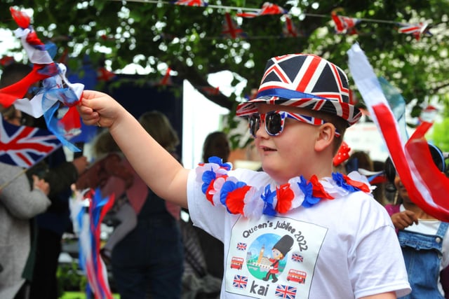 Staff and pupils at Mab's Cross primary school, Wigan, parade around the school, part of celebrations for the Queen's platinum jubilee.