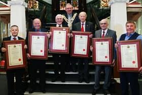 The Mayor of Wigan Coun Kevin Anderson, with from left, Carl Sweeney, Billy Rotherham, John Hilton, The Mayor of Wigan Coun Kevin Anderson, Stephen Hellier, Terrence Halliwell and Mark Aldred.