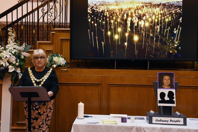 The Mayor of Wigan Coun Marie Morgan reads the Statement of Commitment.