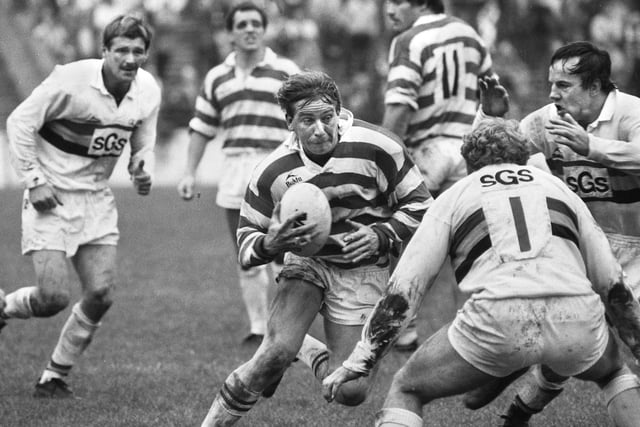 Wigan forward Mick Scott takes on the Bradford Northern defence in a league match at Central Park on Sunday 10th of October 1982.
Wigan won 12-4.