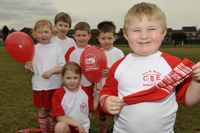 Children at St Mary's Primary, Derby Street, Spring View took part in Sport Relief by running a mile around the school playing field. Pictured are (left to rught): Lydia, Christopher, Olivia, Sam, Ethan and Connor