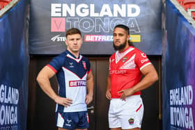 England’s George Williams and Tonga’s Keon Koloamatangi at the Totally Wicked Stadium, St Helens