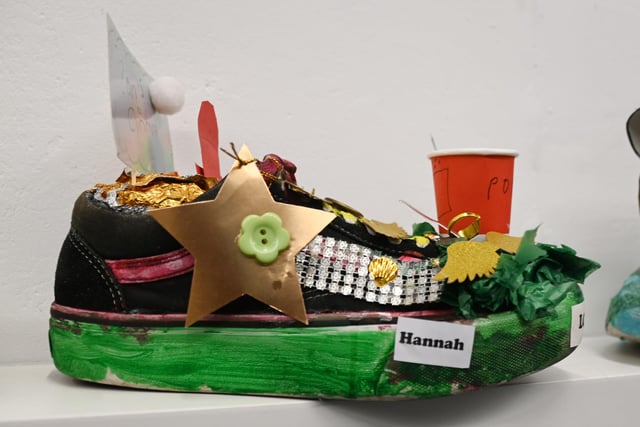 Hannah's shoe design on display.