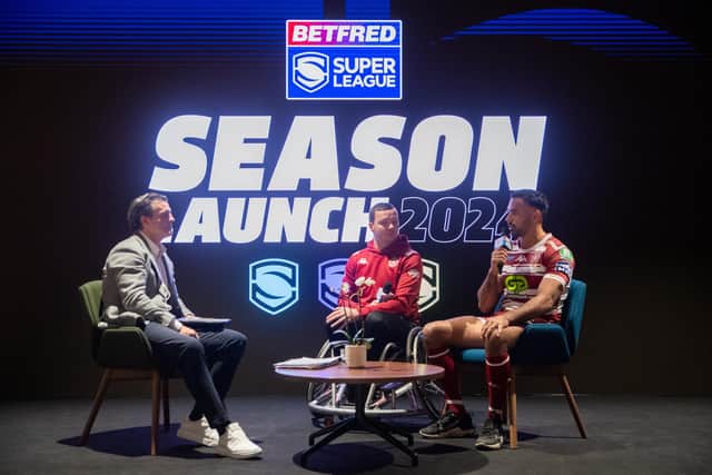 Wigan Warriors’ Jack Heggie and Bevan French with Brian Carney at this year's Super League launch in Manchester