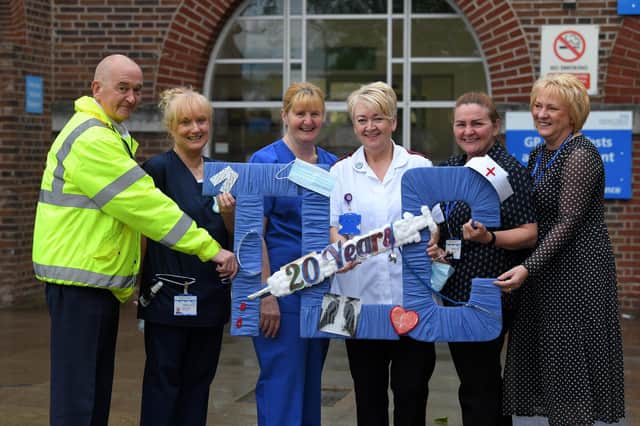 Wrightington Wigan and Leigh Teaching Hospitals Foundation Trust chief executive Silas Nicholls visits the Thomas Linacre Centre (TLC) on the facility's 20th anniversary - staff who have worked at the TLC since the day it opened 20 years ago