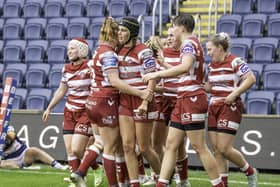 Wigan's Beri Salihi (c) celebrates her try against Leeds in the Challenge Cup in July