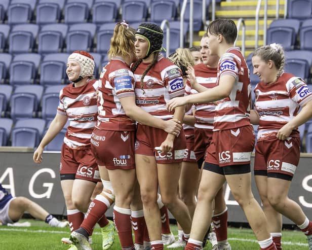 Wigan's Beri Salihi (c) celebrates her try against Leeds in the Challenge Cup in July