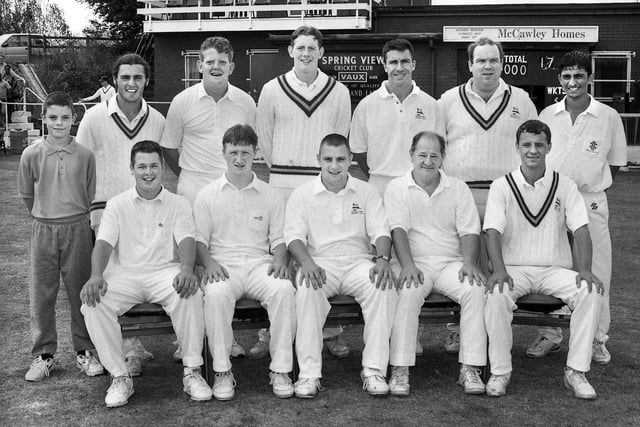 The Spring View cricket team which won the Halliwell Shield against Adlington in August 1995.
Captain, Kieron James, lead the batting attack with 109 not out and shared a partnership of 127 with Jason Leonard who scored 54 in a total of 236 for 7 in the alloted 50 overs. In reply Adlington managed 206 all out with Spring View's chief wicket takers were Chris Barnes with 5 for 88 and John Green with 4 for 69. Ishtaq Beg took 1 for 19.
The team are, back row, left to right, Anthony James (scorer), Chris Dunn, Darren Burrows, Martin Hodgkinson, Chris Barnes, Jason Leonard and Ish Beg.
Front row, Howard Bamber, Anthony Woods, Kieron James, Ken McAllister and John Green.