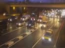 There is queuing traffic and two lanes closed due to an accident on the M6 at Thelwall Viaduct near Warrington this morning (Monday, January 16)