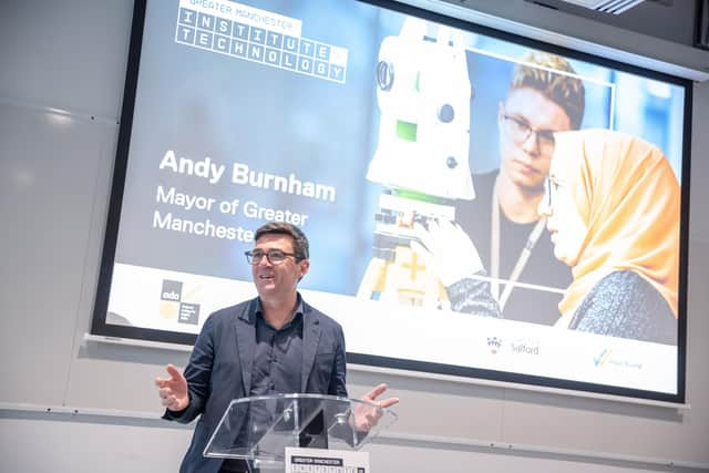 Mayor of Greater Manchester Andy Burnham speaking at the launch of the Greater Manchester Institute of Technology