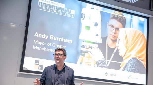 Mayor of Greater Manchester Andy Burnham speaking at the launch of the Greater Manchester Institute of Technology